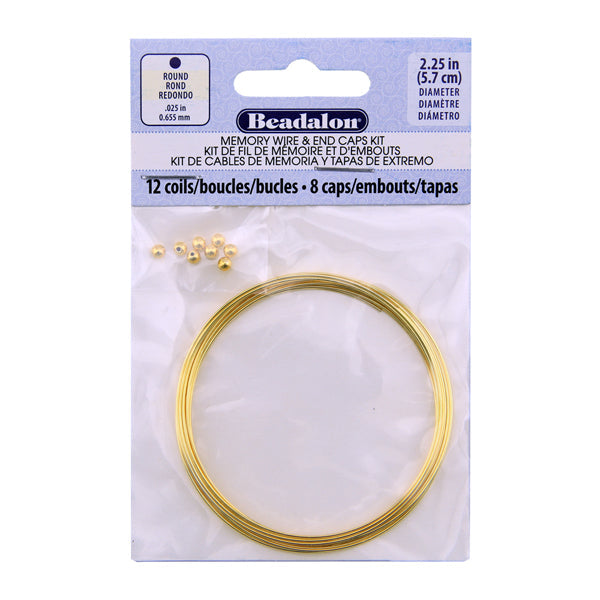 Memory Wire Kit, Round, Gold Color Large Bracelet 2.25 in, 5.7 cm / diameter, approx. 12 coils, Gold Color 3 mm Memory Wire End Caps, 8 pc