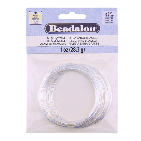 Memory Wire, Round, X-Large Bracelet, 2.5 in / 6.3 cm diameter, Silver Plated, 1 oz / 28.35 g, approx. 62 coils/pack