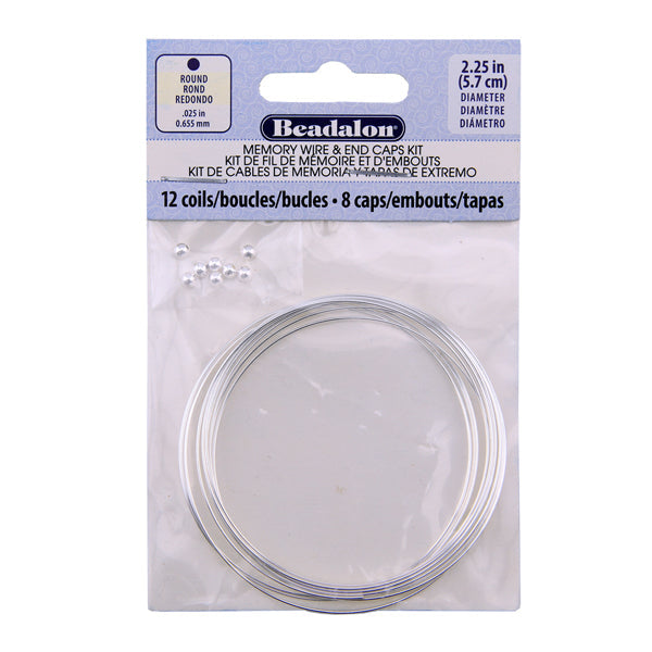 Memory Wire Kit, Round, Silver Plated Large Bracelet 2.25 in, 5.7 cm / diameter, approx. 12 coils, Silver Plated 3 mm Memory Wire End Caps, 8 pc