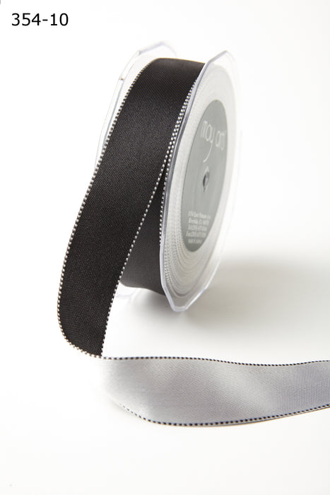 May Arts - 1 Inch Satin Reversible Ribbon with Woven Stitched Edge - Black & Silver