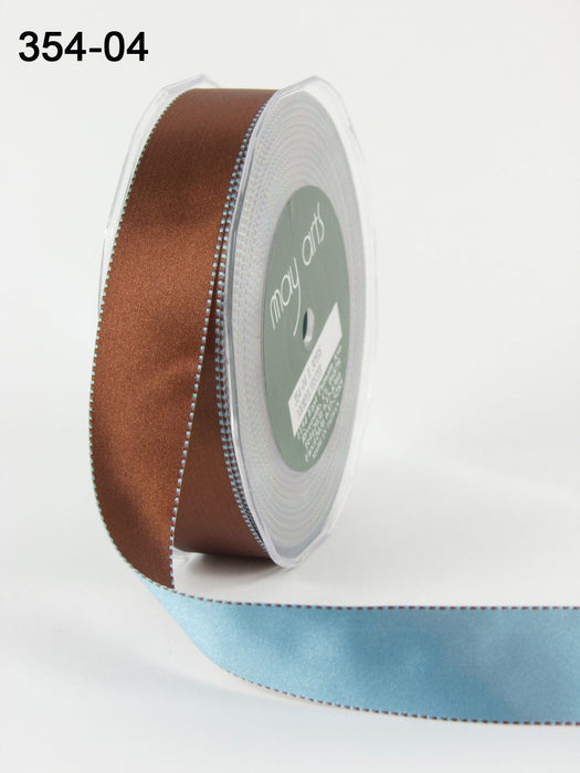 May Arts - 25mm - Satin Reversible Ribbon with Woven Stitched Edge - Blue & Brown