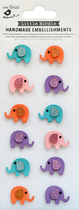 Little Birdie Mini Glitter Embellishments 12/Pkg-Elephants