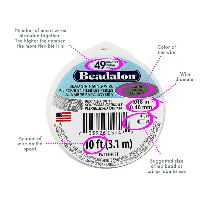 49 Strand Bead Stringing Wire, .024 in / 0.61 mm, Gold Color, 10 ft / 3.1 m- BEADALON