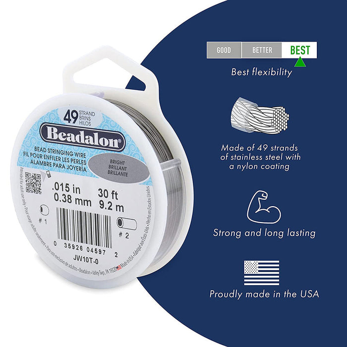 49 Strand Stainless Steel Bead Stringing Wire, .018 in / 0.46 mm, Silver Plated, 10 ft / 3.1 m