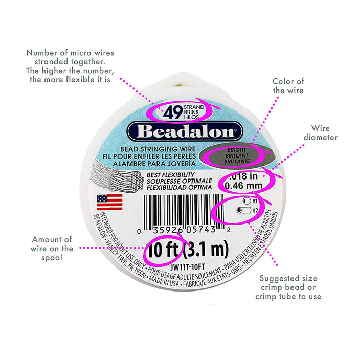 49 Strand Stainless Steel Bead Stringing Wire, .024 in / 0.61 mm, Silver Plated, 100 ft / 31 m