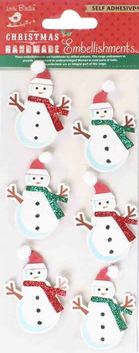 Little Birdie Christmas Glitter Sticker Embellishment 6/Pkg-Sparkle Snowman