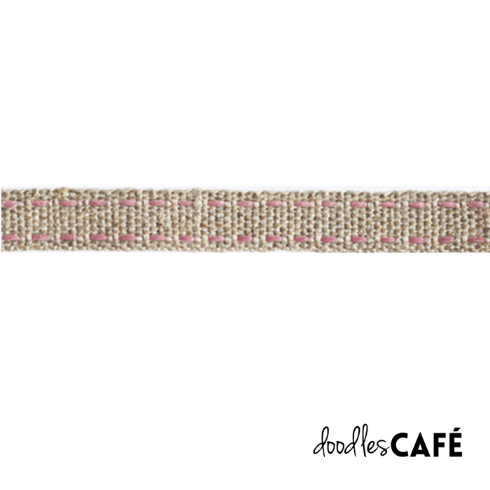 Flax Ribbon - Saddle Stitch – Natural / Dusty Pink (10mm x 1m)