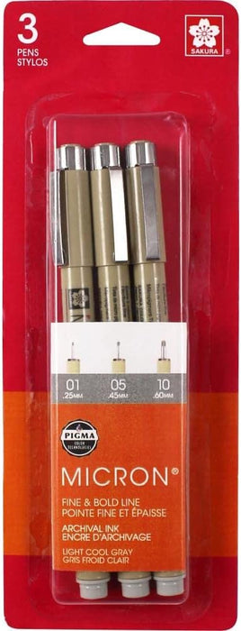 Pigma Micron - Fine & Bold Line - 0.25mm & 0.45mm & 0.60mm 3/pkg - Light Cool Grey
