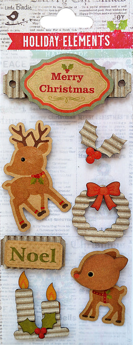 Little Birdie Christmas Sticker Embellishment 7/Pkg-Noel