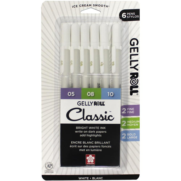 Gelly Roll - Bright Ink Pens - 0.3mm & 0.4mm & 0.5mm 6/Pkg - White