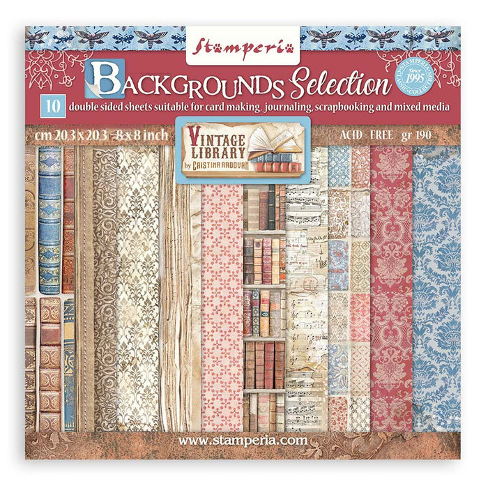 Stamperia Backgrounds Double-Sided Paper Pad 8"X8" 10/Pkg-Vintage Library, 10 Designs/1 Each