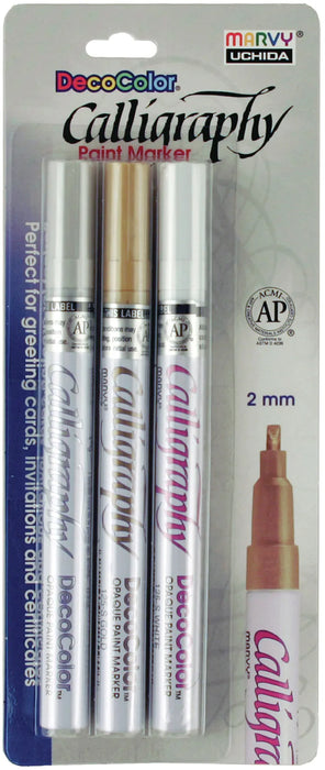 Uchida DecoColor Calligraphy Opaque Paint Marker Set 3/Pkg-2mm - Gold, Silver & White