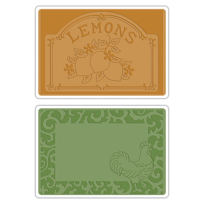 Sizzix - Textured Impressions Embossing Folders 2PK - Rooster Frame & Lemon Label Set