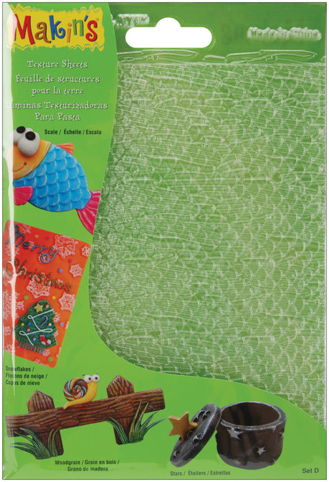 Makin's Clay Texture Sheets 7"X5.5" 4/Pkg-Set D (Scale,Snowflake,Woodgrain&Stars)