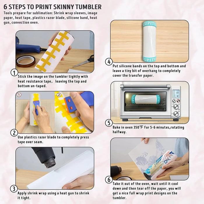 Sublimation Skinny Tumbler 20oz Shrink Wrap Kit 50pc - Sleeve, Silicone Band, Tutorial Booklet (use in home oven!)