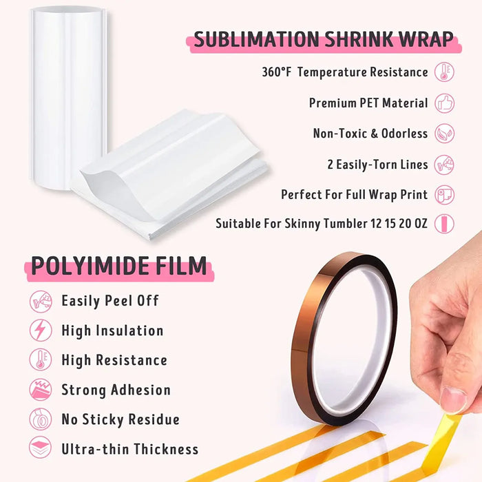 Sublimation Skinny Tumbler 20oz Shrink Wrap Kit 50pc - Sleeve, Silicone Band, Tutorial Booklet (use in home oven!)