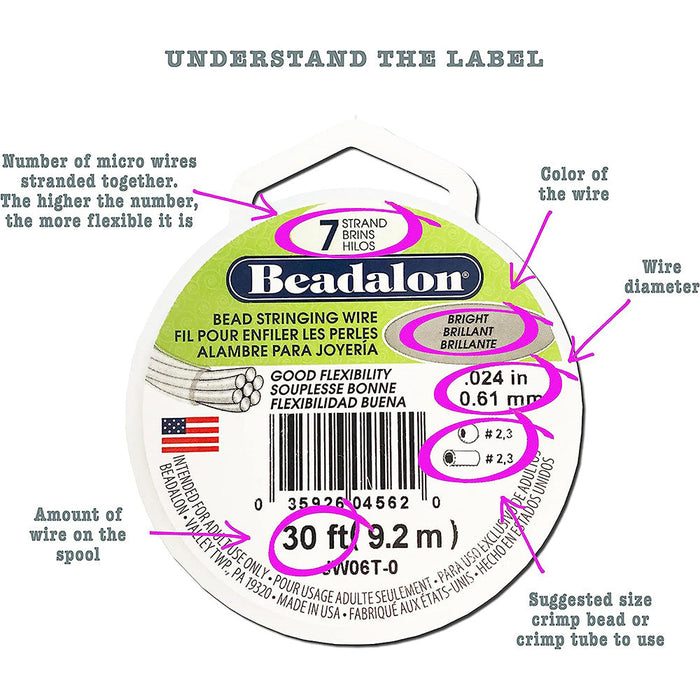 7 Strand Stainless Steel Bead Stringing Wire, .015 in / 0.38 mm, Bright, 30 ft / 9.2 m