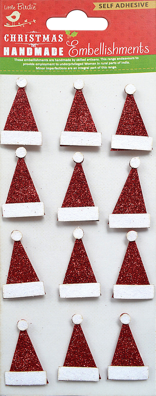 Little Birdie Christmas Glitter Sticker Embellishment 12/Pkg-Glitter Christmas Cap