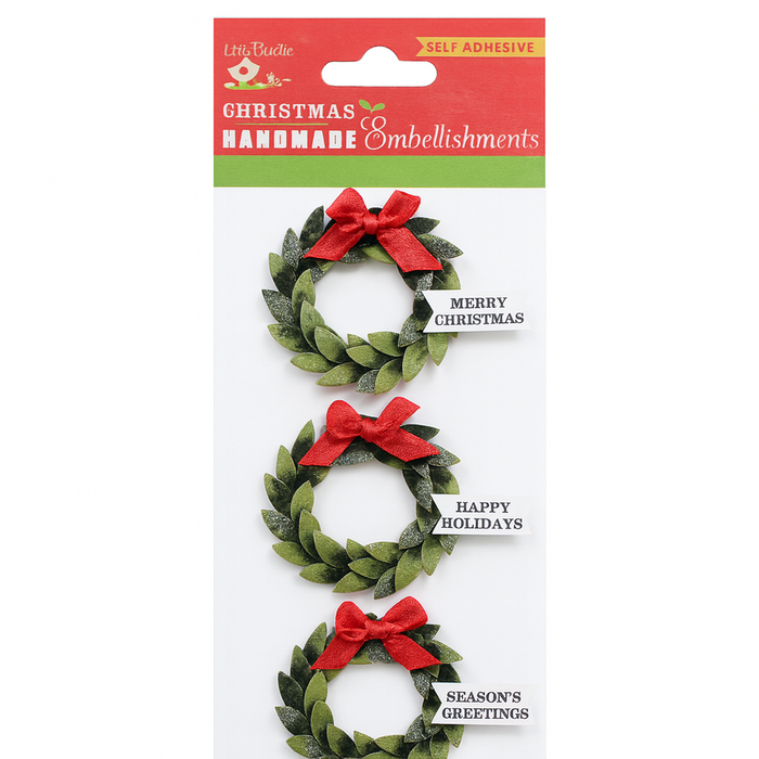 Little Birdie Christmas Glitter Sticker Embellishment 3/Pkg-Holiday Wreath