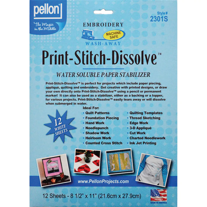 Pellon Print-Stitch-Dissolve Embroidery Paper Stabilizer-White 8.5"X11" 12/Pkg