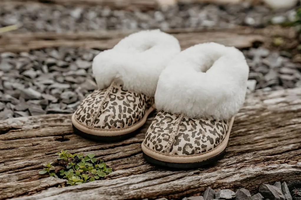 Leopard Print Sheepskin Slippers - Adult Size 7