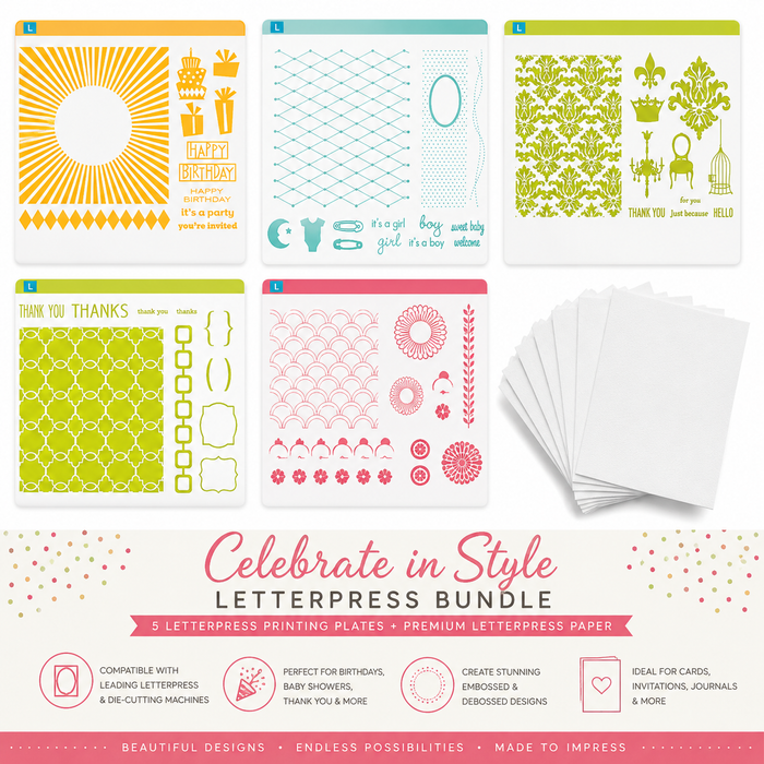 Doodles Celebrate in Style Impressions Embossing Letterpress Bundle - 5 Plate Sets plus Premium Paper