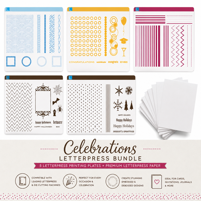Doodles Seasonal Celebrations Impressions Embossing Letterpress Bundle - 5 Plate Sets plus Premium Paper