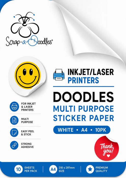 Doodles - Multi Purpose Inkjet/Laser Sticker Paper - White A4 10pack