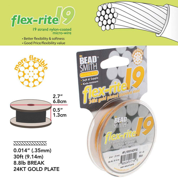 BeadSmith Flex-Rite Beading Wire, 19 Strand .014" Thick, 9.14meter Spool, 24KGold Plated