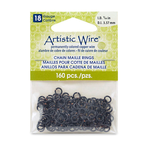 18 Gauge Artistic Wire, Chain Maille Rings, Round, Black, 9/64 in / 3.57 mm, 160 pc
