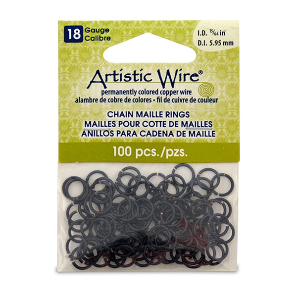 18 Gauge Artistic Wire, Chain Maille Rings, Round, Black, 15/64 in / 5.95 mm, 100 pc