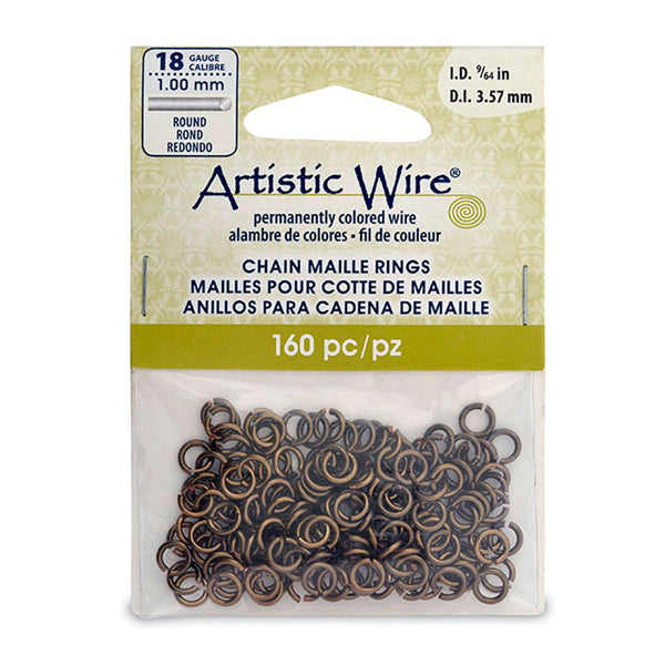 18 Gauge Artistic Wire, Chain Maille Rings, Round, Antique Brass Color, 9/64 in / 3.57 mm, 160 pc