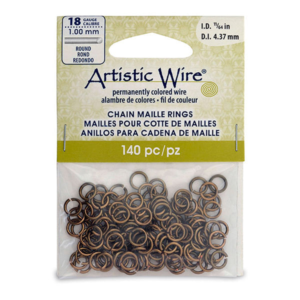 18 Gauge Artistic Wire, Chain Maille Rings, Round, Antique Brass Color, 11/64 in / 4.37 mm, 140 pc