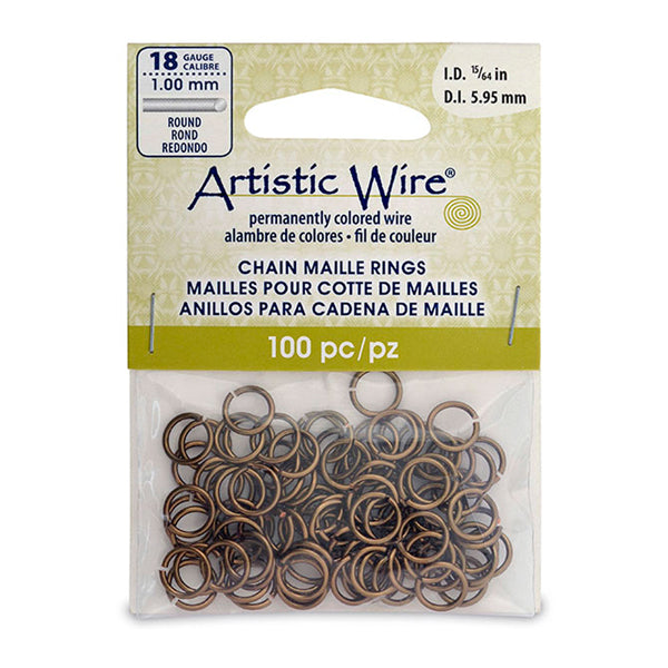 18 Gauge Artistic Wire, Chain Maille Rings, Round, Antique Brass Color, 15/64 in / 5.95 mm, 100 pc