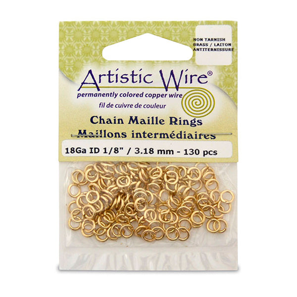 18 Gauge Artistic Wire, Chain Maille Rings, Round, Tarnish Resistant Brass, 1/8 in / 3.18 mm, 130 pc