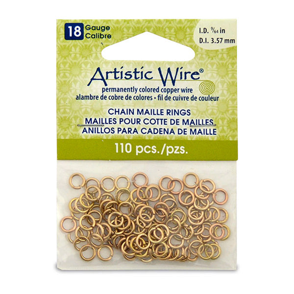 18 Gauge Artistic Wire, Chain Maille Rings, Round, Tarnish Resistant Brass, 9/64 in / 3.57 mm, 110 pc