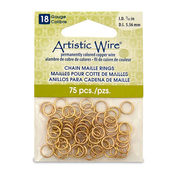 18 Gauge Artistic Wire, Chain Maille Rings, Round, Tarnish Resistant Brass, 7/32 in, 5.56 mm, 75 pc