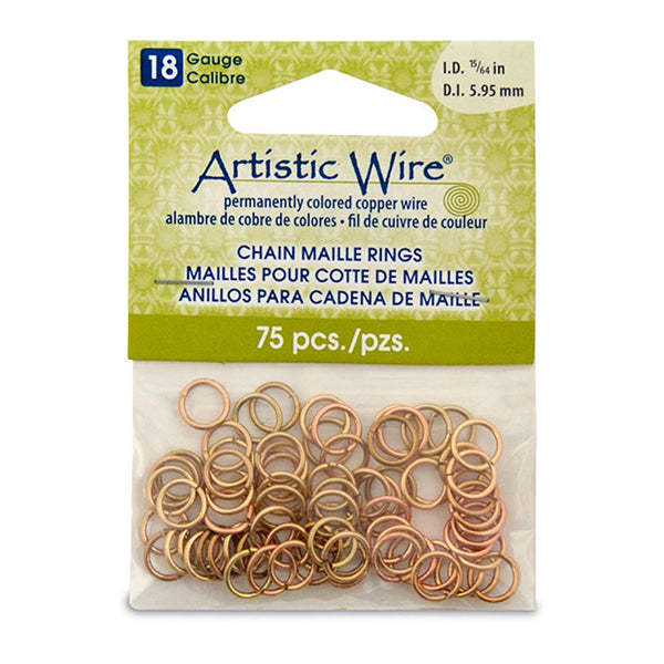 18 Gauge Artistic Wire, Chain Maille Rings, Round, Tarnish Resistant Brass, 15/64 in / 5.95 mm, 75 pc