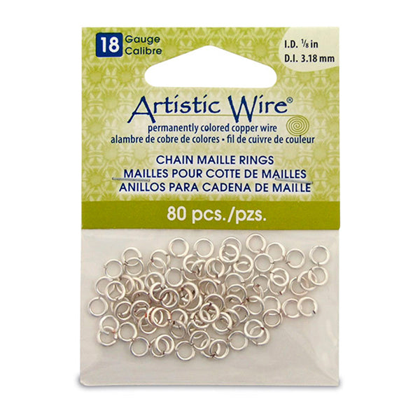 18 Gauge Artistic Wire, Chain Maille Rings, Round, Tarnish Resistant Silver, 1/8 in, 3.18 mm, 80 pc