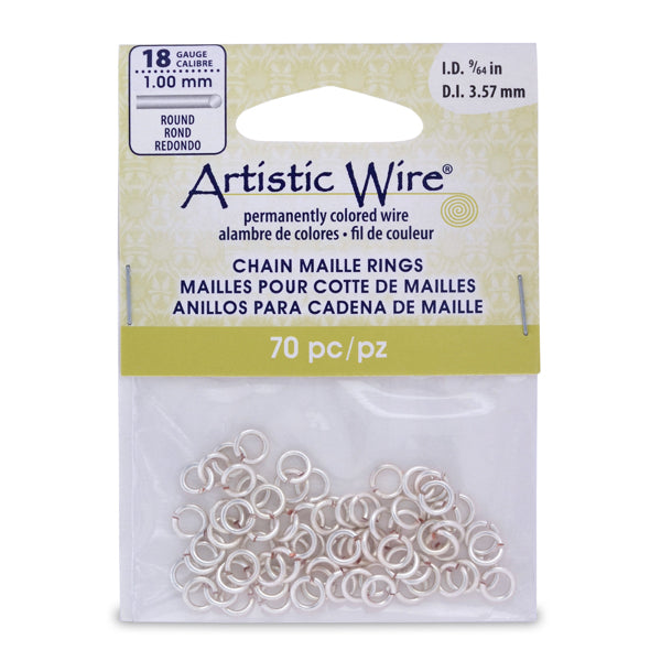 18 Gauge Artistic Wire, Chain Maille Rings, Round, Tarnish Resistant Silver, 9/64 in / 3.57 mm, 70 pc
