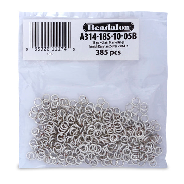 18 Gauge Artistic Wire, Chain Maille Rings, Round, Tarnish Resistant Silver, 9/64 in / 3.57 mm, 385 pc