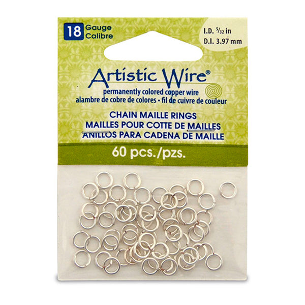 18 Gauge Artistic Wire, Chain Maille Rings, Round, Tarnish Resistant Silver, 5/32 in / 3.97 mm, 60 pc
