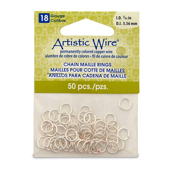 18 Gauge Artistic Wire, Chain Maille Rings, Round, Tarnish Resistant Silver, 7/32 in, 5.56 mm, 50 pc