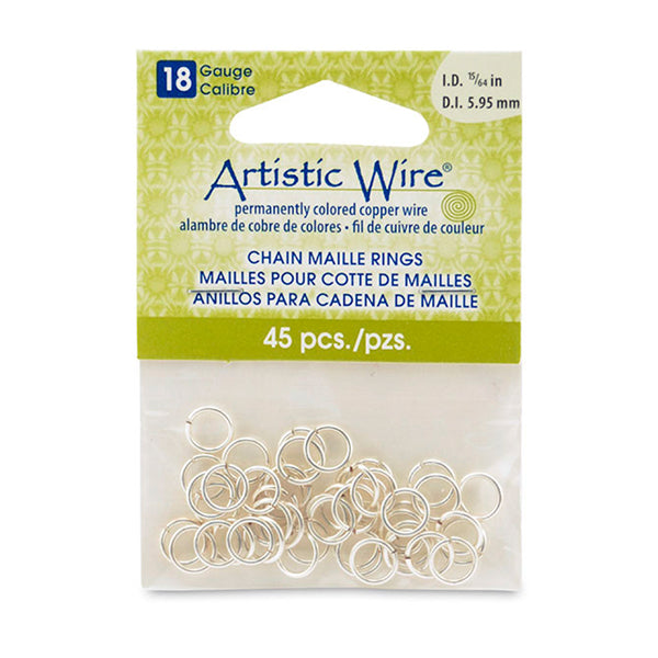 18 Gauge Artistic Wire, Chain Maille Rings, Round, Tarnish Resistant Silver, 15/64 in / 5.95 mm, 45 pc