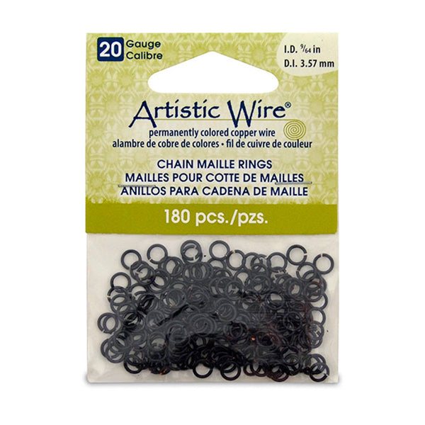 20 Gauge Artistic Wire, Chain Maille Rings, Round, Black, 9/64 in / 3.57 mm, 180 pc