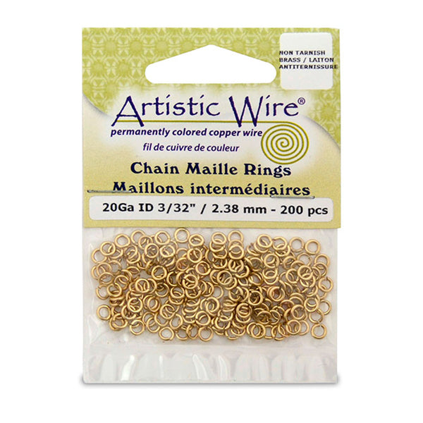 20 Gauge Artistic Wire, Chain Maille Rings, Round, Tarnish Resistant Brass, 3/32 in / 2.38 mm, 200 pc