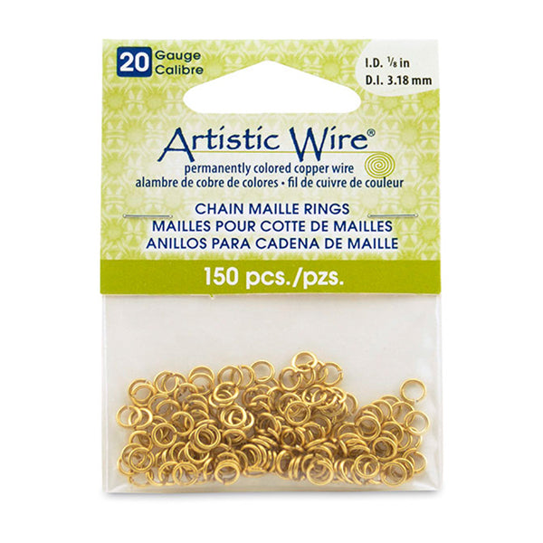20 Gauge Artistic Wire, Chain Maille Rings, Round, Tarnish Resistant Brass, 1/8 in / 3.18 mm, 150 pc