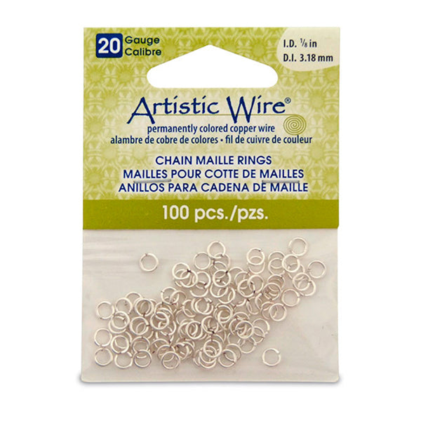 20 Gauge Artistic Wire, Chain Maille Rings, Round, Tarnish Resistant Silver, 1/8 in / 3.18 mm, 100 pc
