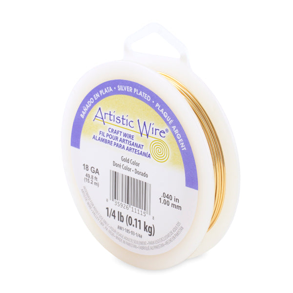 Artistic Wire, 18 Gauge / 1.0 mm Silver Plated Tarnish Resistant Colored Copper Craft Wire, Gold Color, 1/4 lb / .11 kg, approx. 49.8 ft / 15.2 m