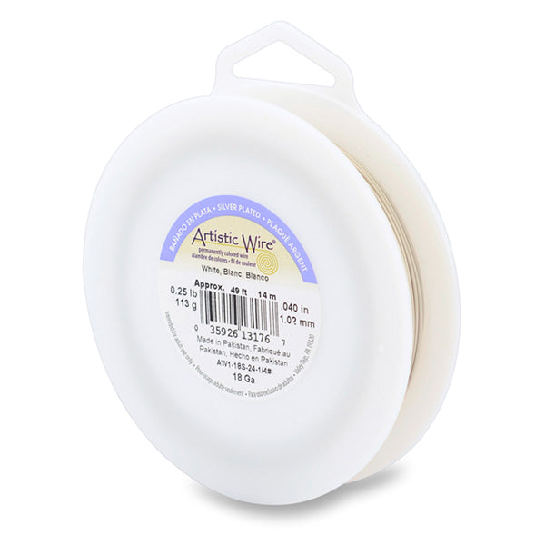 Artistic Wire, 18 Gauge / 1.0 mm Silver Plated Tarnish Resistant Colored Copper Craft Wire, White, 1/4 lb / .11 kg, approx. 49.8 ft / 15.2 m